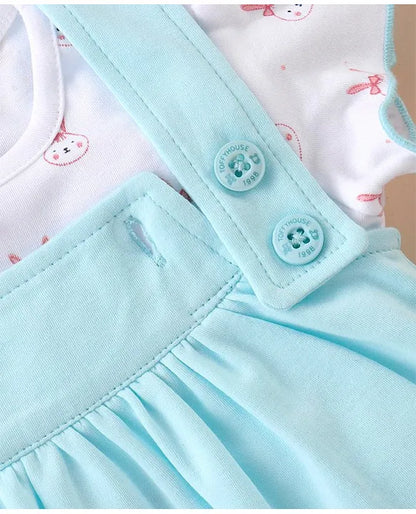 ToffyHouse Cotton Knit Half Sleeves T-Shirt with Frock Rabbit Print- White & Blue