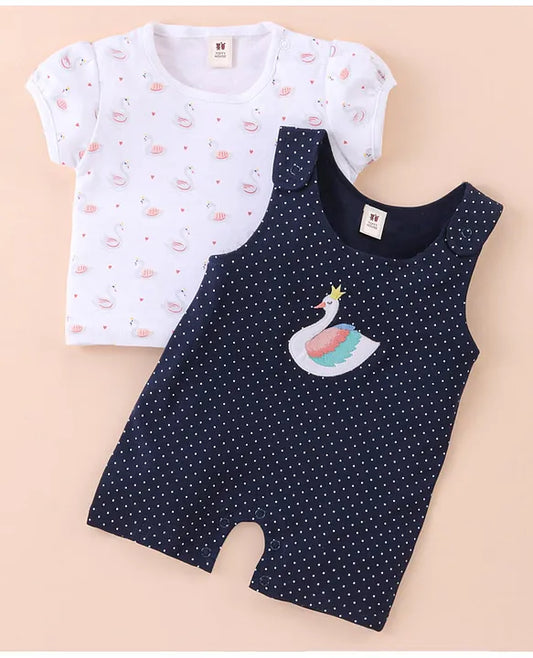 ToffyHouse Cotton Dungaree Style Romper with Half Sleeves Tee Swan Print & Applique - Navy Blue