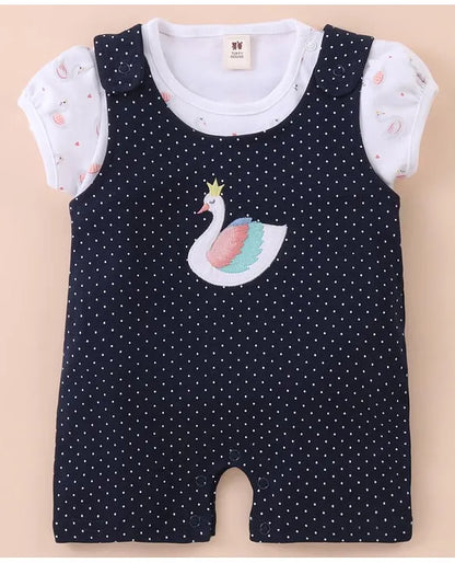 ToffyHouse Cotton Dungaree Style Romper with Half Sleeves Tee Swan Print & Applique - Navy Blue