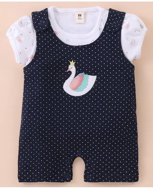 ToffyHouse Cotton Dungaree Style Romper with Half Sleeves Tee Swan Print & Applique - Navy Blue