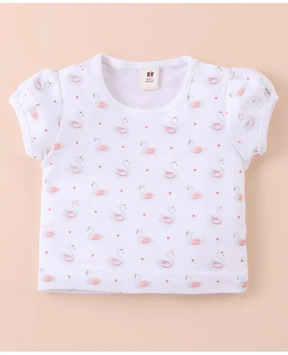 ToffyHouse Cotton Dungaree Style Romper with Half Sleeves Tee Swan Print & Applique - Navy Blue