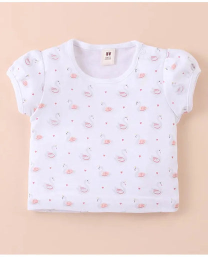 ToffyHouse Cotton Dungaree Style Romper with Half Sleeves Tee Swan Print & Applique - Navy Blue