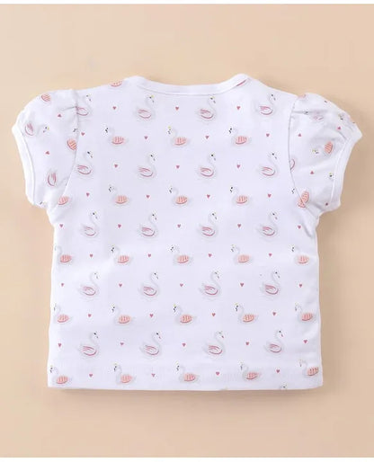 ToffyHouse Cotton Dungaree Style Romper with Half Sleeves Tee Swan Print & Applique - Navy Blue
