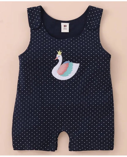 ToffyHouse Cotton Dungaree Style Romper with Half Sleeves Tee Swan Print & Applique - Navy Blue