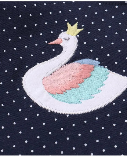 ToffyHouse Cotton Dungaree Style Romper with Half Sleeves Tee Swan Print & Applique - Navy Blue