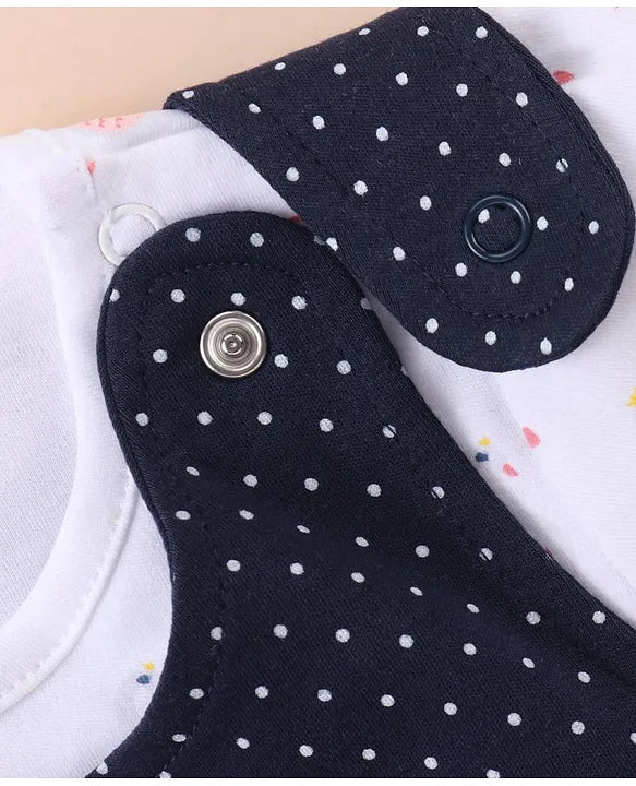 ToffyHouse Cotton Dungaree Style Romper with Half Sleeves Tee Swan Print & Applique - Navy Blue