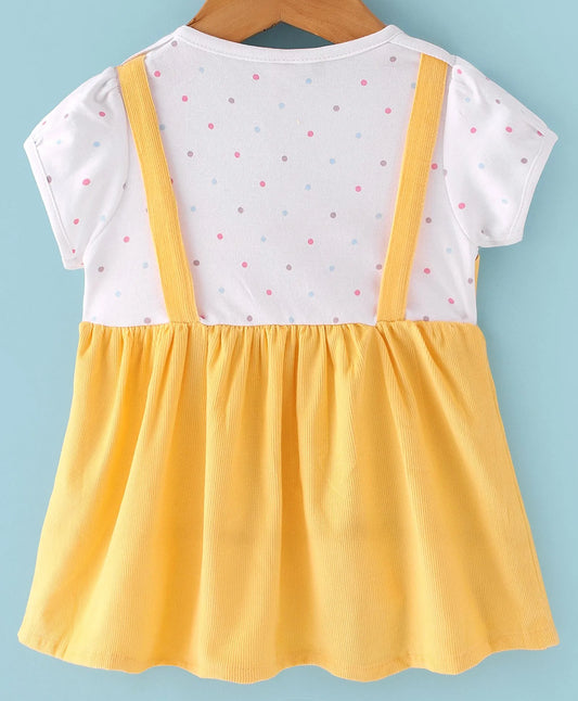 ToffyHouse 100% Woven Corduroy Half Sleeves Frock with Polka Dot Print & Embroidered -Yellow