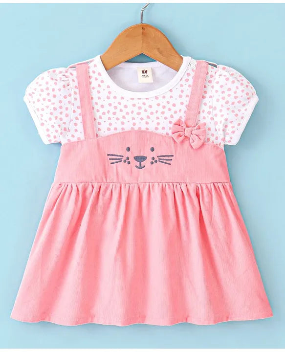 ToffyHouse Cotton Half Sleeves Frock with Bear Embroidery & Bow Applique - Coral