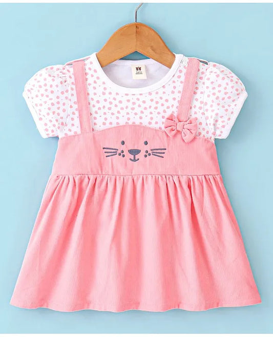 ToffyHouse Cotton Half Sleeves Frock with Bear Embroidery & Bow Applique - Coral