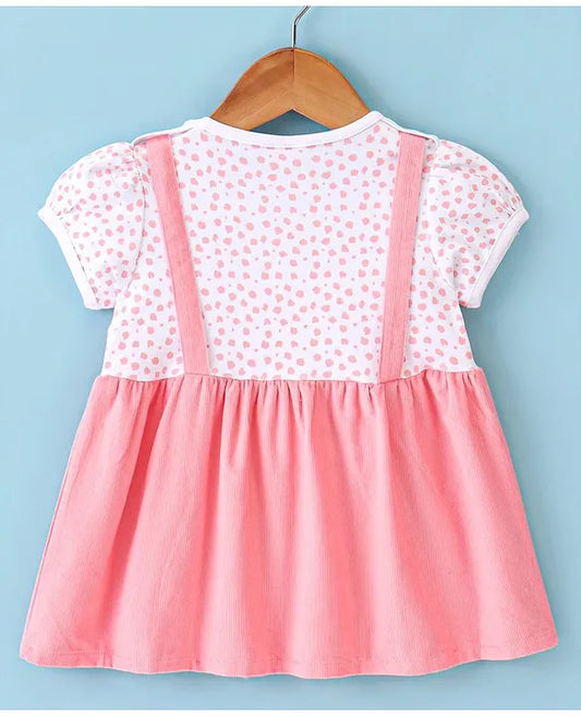 ToffyHouse Cotton Half Sleeves Frock with Bear Embroidery & Bow Applique - Coral