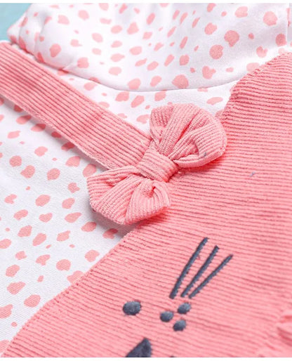 ToffyHouse Cotton Half Sleeves Frock with Bear Embroidery & Bow Applique - Coral