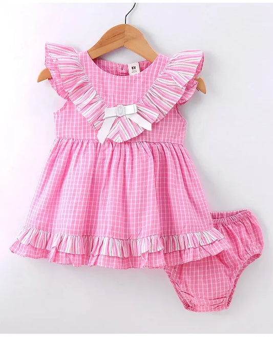 ToffyHouse 100% Woven Cotton Frill Sleeves Yarn Dyed Checks Frock with Panty - Pink