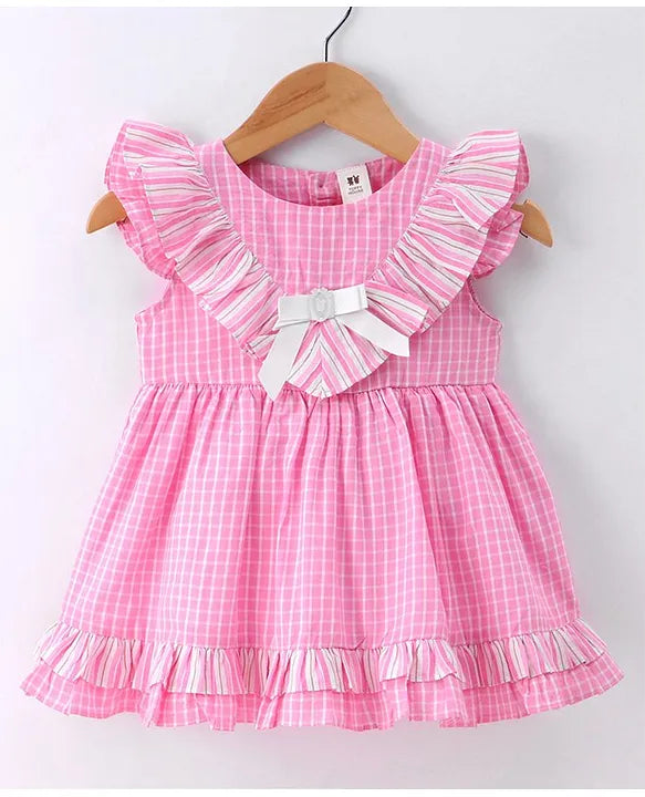 ToffyHouse 100% Woven Cotton Frill Sleeves Yarn Dyed Checks Frock with Panty - Pink