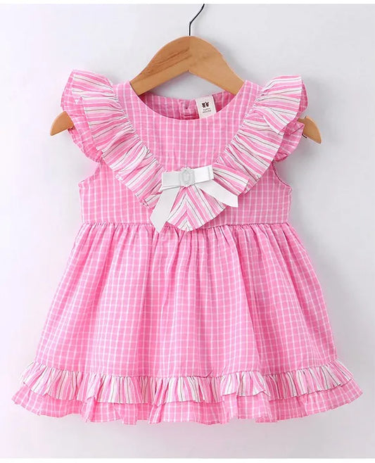 ToffyHouse 100% Woven Cotton Frill Sleeves Yarn Dyed Checks Frock with Panty - Pink