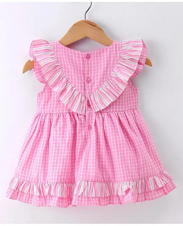 ToffyHouse 100% Woven Cotton Frill Sleeves Yarn Dyed Checks Frock with Panty - Pink