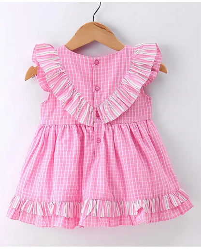 ToffyHouse 100% Woven Cotton Frill Sleeves Yarn Dyed Checks Frock with Panty - Pink