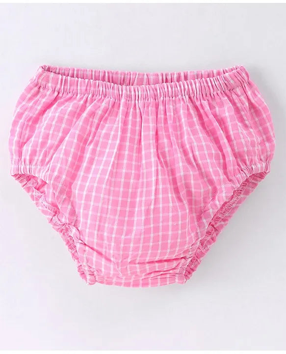 ToffyHouse 100% Woven Cotton Frill Sleeves Yarn Dyed Checks Frock with Panty - Pink