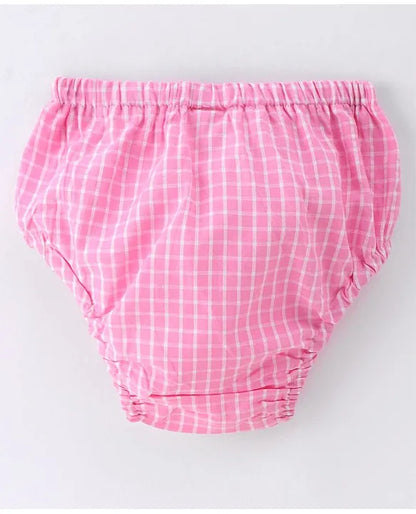 ToffyHouse 100% Woven Cotton Frill Sleeves Yarn Dyed Checks Frock with Panty - Pink