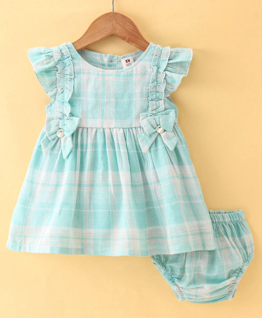 ToffyHouse  Frill Sleeves Checkered Frock with Bloomer  & Bow Applique - Green