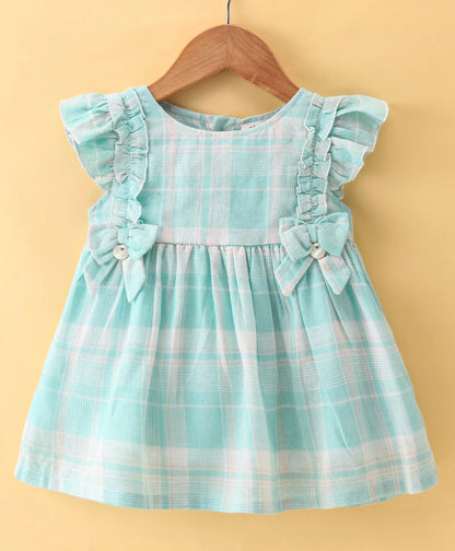 ToffyHouse  Frill Sleeves Checkered Frock with Bloomer  & Bow Applique - Green