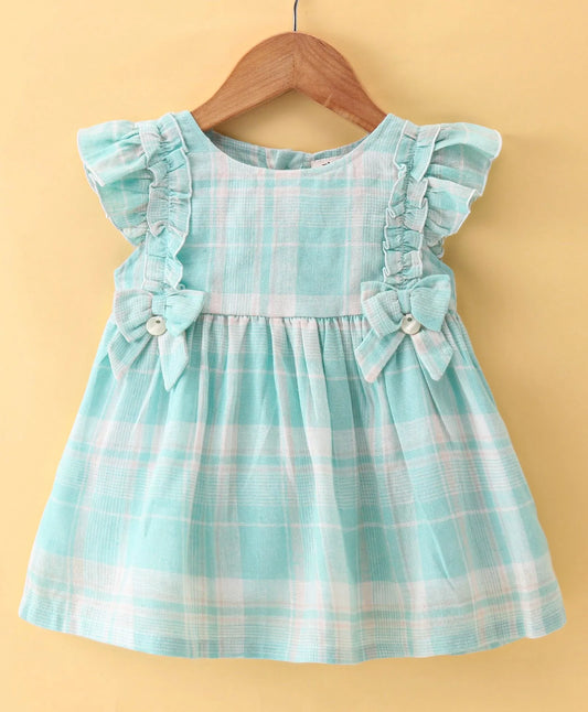 ToffyHouse  Frill Sleeves Checkered Frock with Bloomer  & Bow Applique - Green