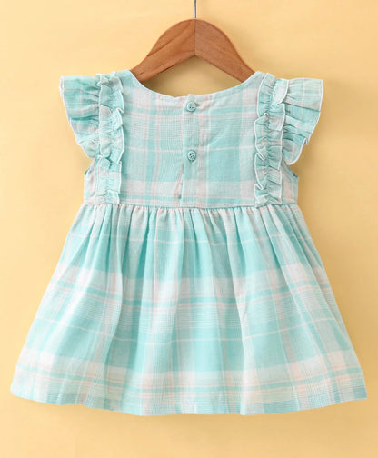 ToffyHouse  Frill Sleeves Checkered Frock with Bloomer  & Bow Applique - Green