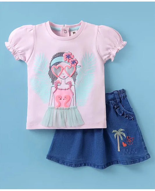 ToffyHouse 100% Cotton Knit Half Sleeves Top & Denim Skirt Set With Doll Print - Pink