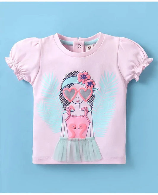 ToffyHouse 100% Cotton Knit Half Sleeves Top & Denim Skirt Set With Doll Print - Pink