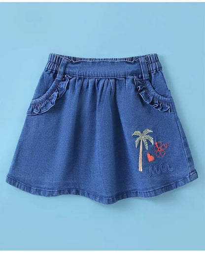 ToffyHouse 100% Cotton Knit Half Sleeves Top & Denim Skirt Set With Doll Print - Pink