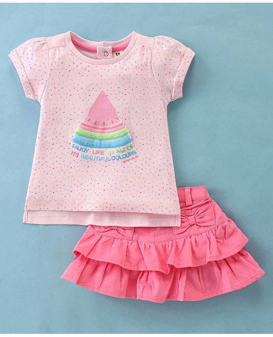 ToffyHouse Half Sleeves Top with Watermelon Print & Layered Skirt Set - Light Pink
