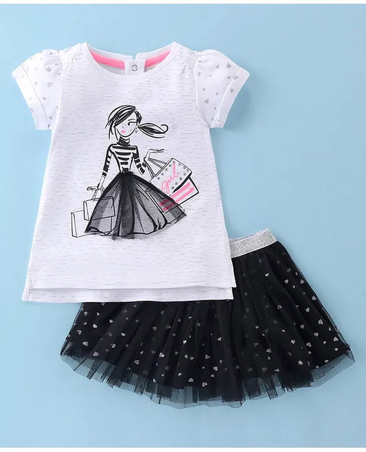 ToffyHouse 100% Knitted Cotton Half Sleeves Top & Woven Mesh Fabric Skirt Set With Fashionista Doll Print - White & Black