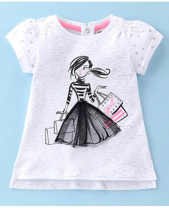 ToffyHouse 100% Knitted Cotton Half Sleeves Top & Woven Mesh Fabric Skirt Set With Fashionista Doll Print - White & Black