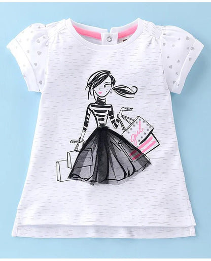 ToffyHouse 100% Knitted Cotton Half Sleeves Top & Woven Mesh Fabric Skirt Set With Fashionista Doll Print - White & Black
