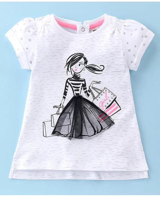 ToffyHouse 100% Knitted Cotton Half Sleeves Top & Woven Mesh Fabric Skirt Set With Fashionista Doll Print - White & Black