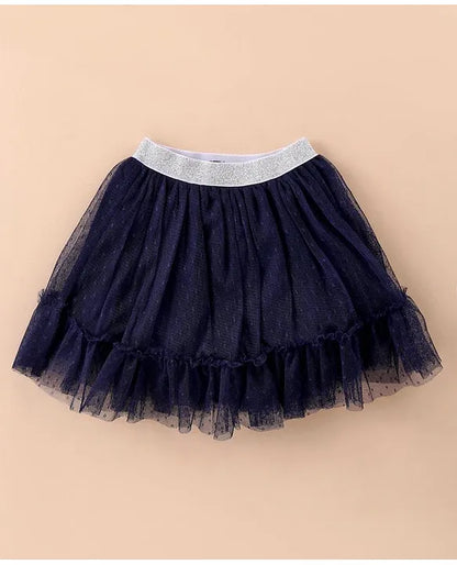 ToffyHouse 100% Cotton Knit Half Sleeves Top & Tiered Skirt Set with Star & Doll Print-White & Navy Blue