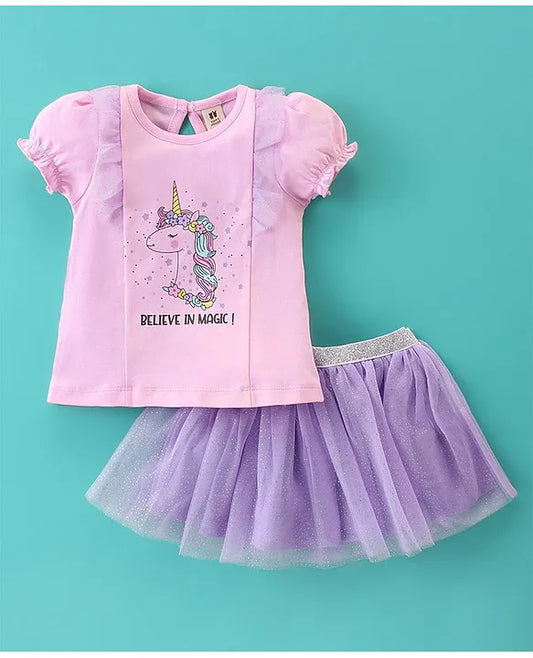 ToffyHouse 100% Cotton Knit Half Sleeves Unicorn Printed Top & Skirt Set With Mesh Detailing - Mauve