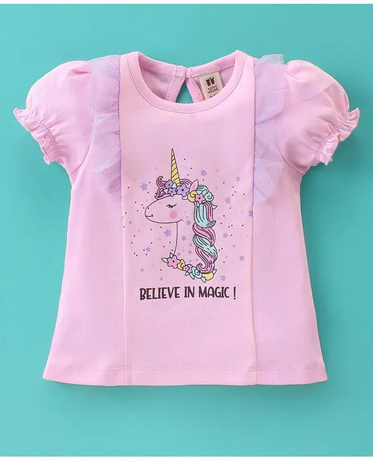 ToffyHouse 100% Cotton Knit Half Sleeves Unicorn Printed Top & Skirt Set With Mesh Detailing - Mauve