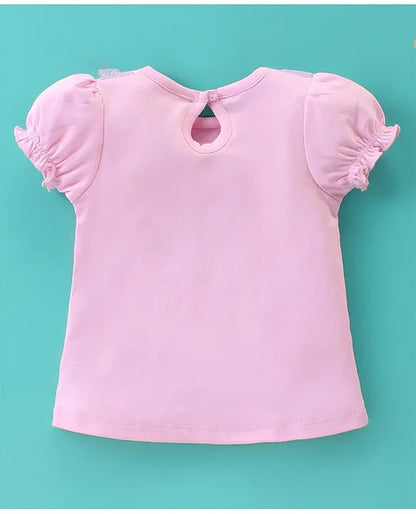 ToffyHouse 100% Cotton Knit Half Sleeves Unicorn Printed Top & Skirt Set With Mesh Detailing - Mauve