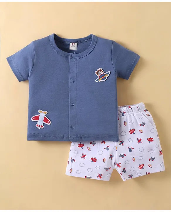ToffyHouse 100% Cotton Half Sleeves T-Shirt & Shorts Set With Airplanes Patch - Ensign Blue