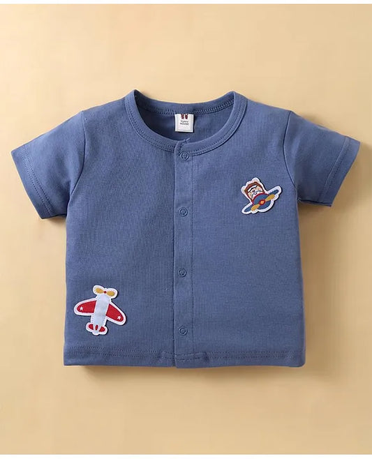 ToffyHouse 100% Cotton Half Sleeves T-Shirt & Shorts Set With Airplanes Patch - Ensign Blue
