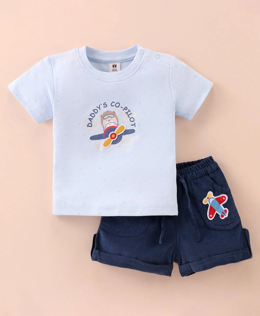 ToffyHouse Half Sleeves T-Shirt &  Shorts Set With Cute Airplane Pilot Print - Sky Blue