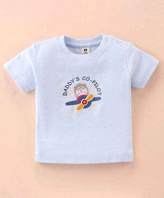 ToffyHouse Half Sleeves T-Shirt &  Shorts Set With Cute Airplane Pilot Print - Sky Blue