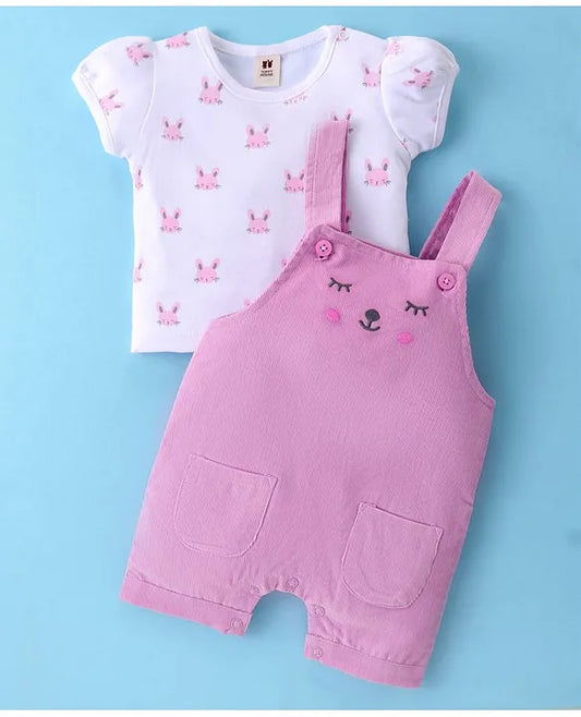 ToffyHouse Cotton Knit Puff Sleeves T-Shirt & Corduroy Dungarees With Kitten Print - Pink