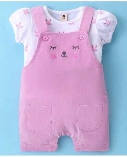 ToffyHouse Cotton Knit Puff Sleeves T-Shirt & Corduroy Dungarees With Kitten Print - Pink