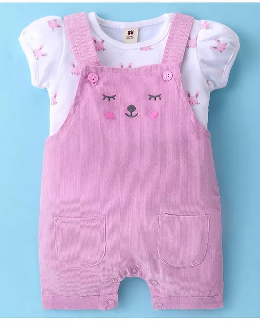 ToffyHouse Cotton Knit Puff Sleeves T-Shirt & Corduroy Dungarees With Kitten Print - Pink