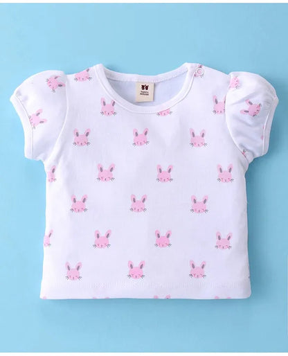 ToffyHouse Cotton Knit Puff Sleeves T-Shirt & Corduroy Dungarees With Kitten Print - Pink