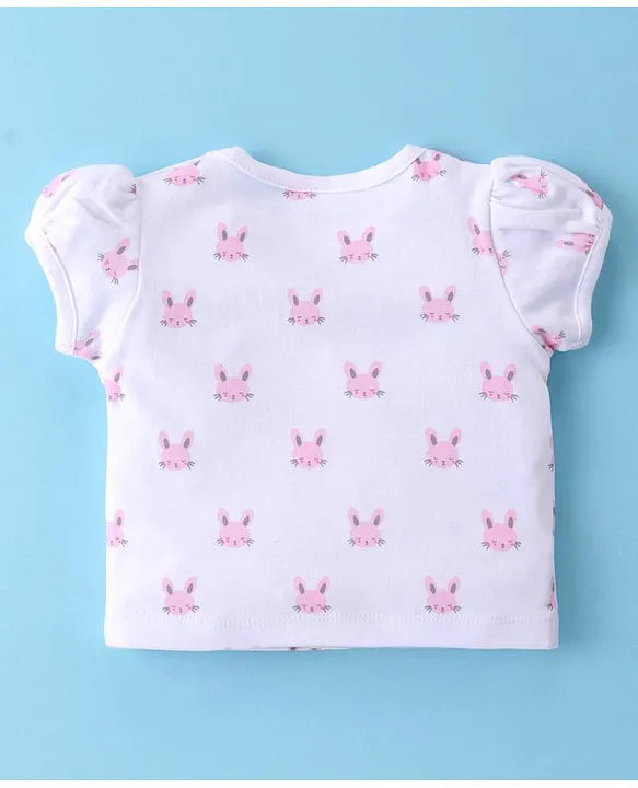ToffyHouse Cotton Knit Puff Sleeves T-Shirt & Corduroy Dungarees With Kitten Print - Pink
