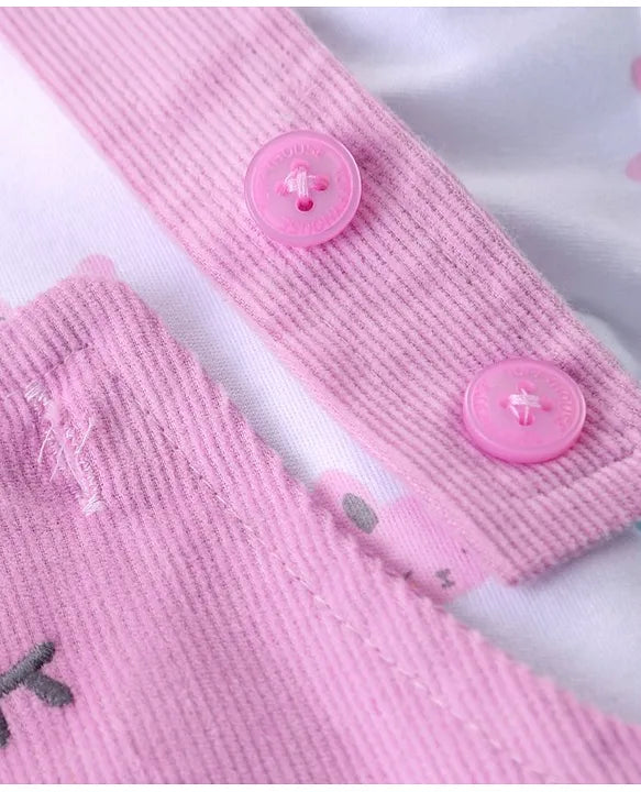 ToffyHouse Cotton Knit Puff Sleeves T-Shirt & Corduroy Dungarees With Kitten Print - Pink
