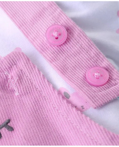 ToffyHouse Cotton Knit Puff Sleeves T-Shirt & Corduroy Dungarees With Kitten Print - Pink