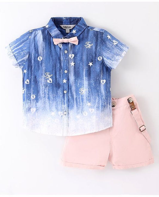 ToffyHouse  Half Sleeves Printed Shirt & Shorts Set With Bow & Suspender - Blue & Peach